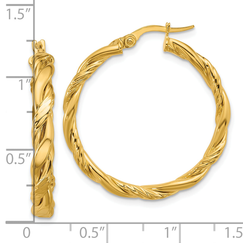 14K Polished and Twisted Round Hoop Earrings