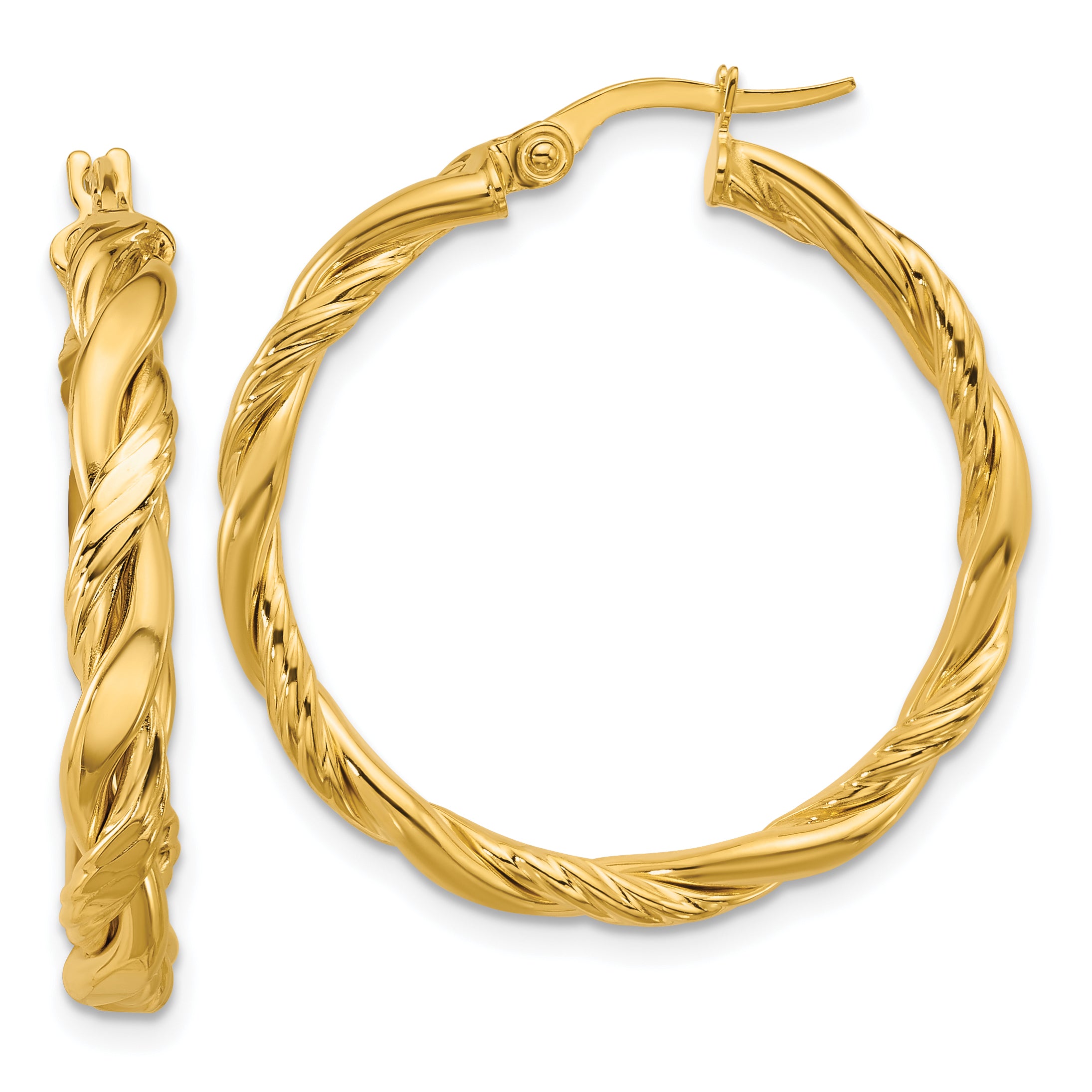 14K Polished and Twisted Round Hoop Earrings Main image