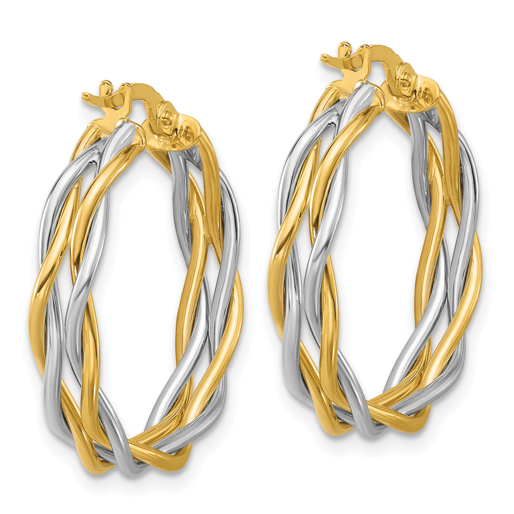 14K with Rhodium Polished Twisted Round Hoop Earrings
