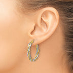 14K with Rhodium Polished Twisted Round Hoop Earrings