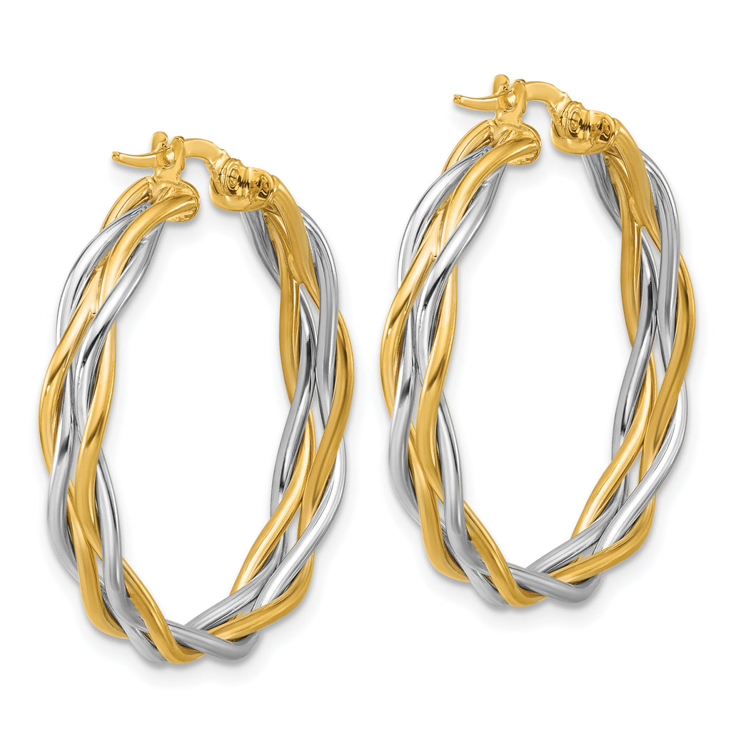 14K with Rhodium Polished Twisted Round Hoop Earrings