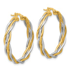 14K with Rhodium Polished Twisted Round Hoop Earrings