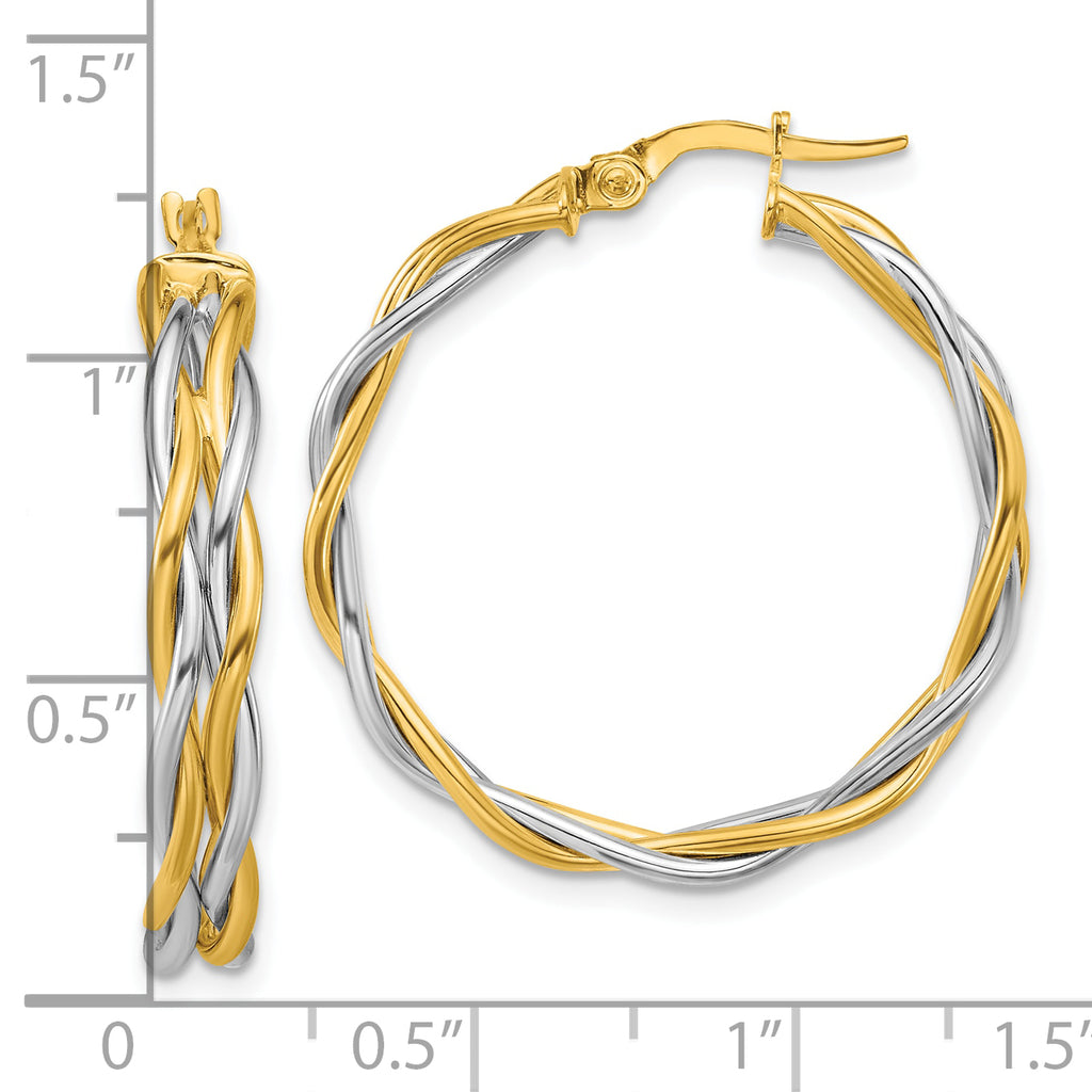 14K with Rhodium Polished Twisted Round Hoop Earrings