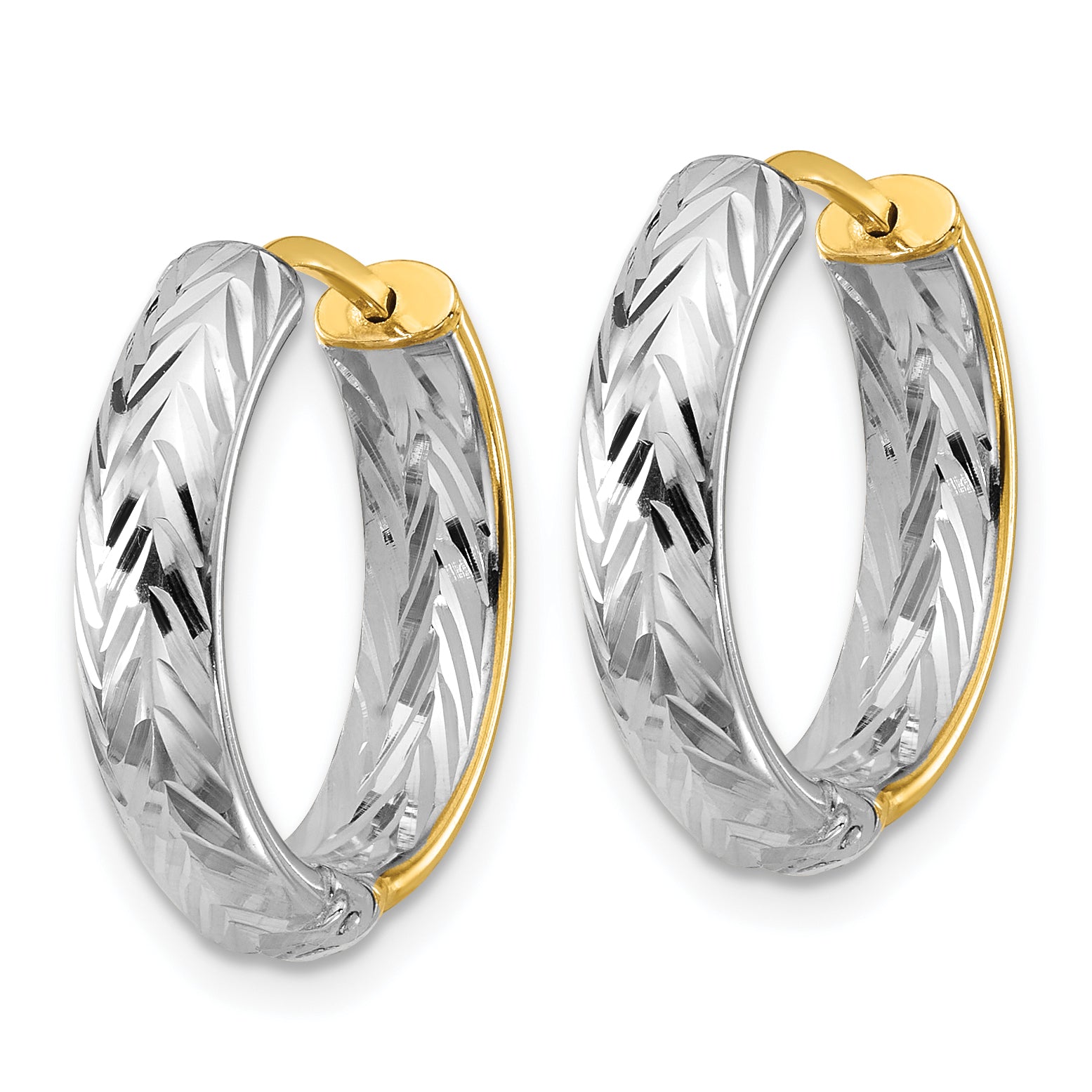 14K w/Rhodium Polished/Dia-cut Hinged Hoop Earrings Secondary image