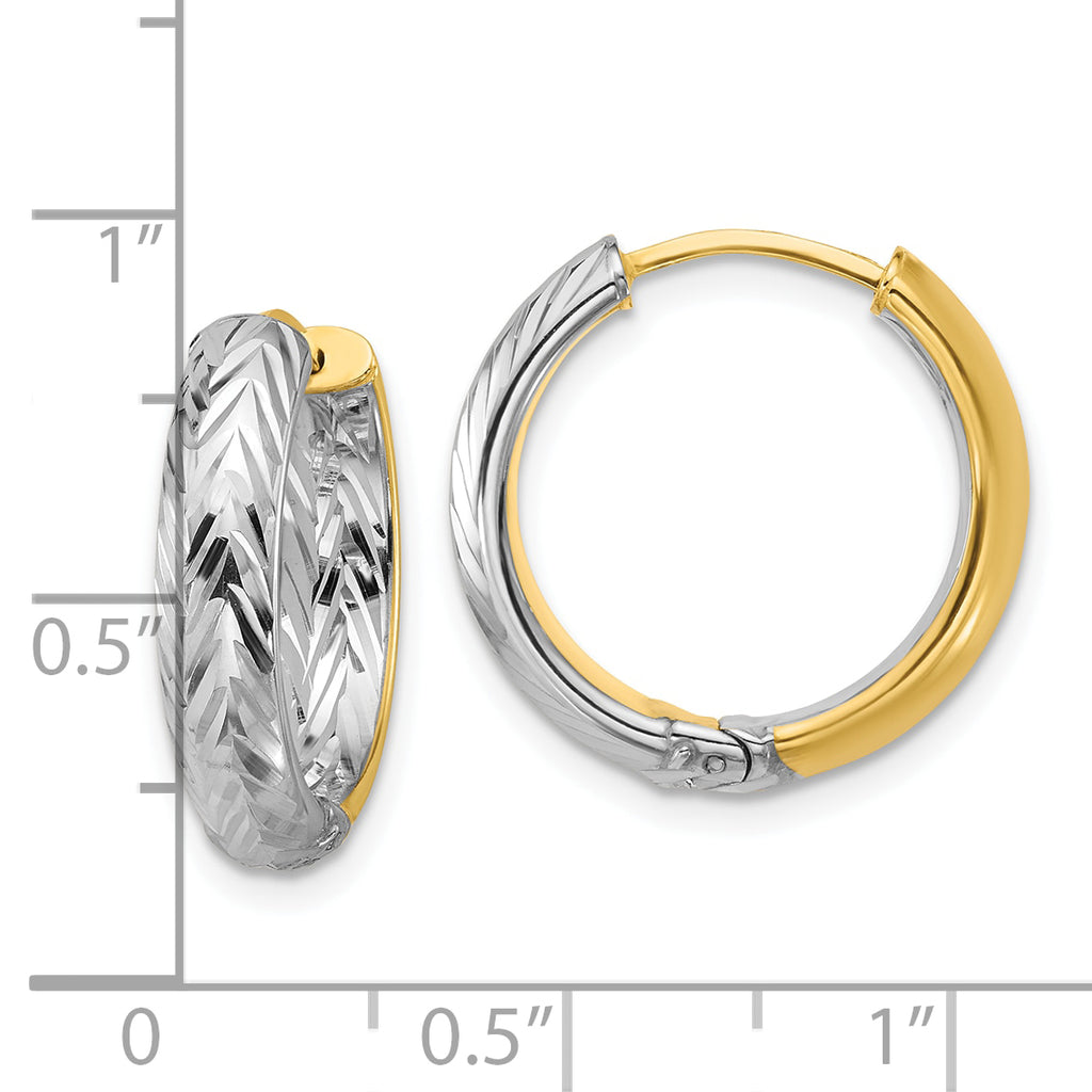 14K w/Rhodium Polished/Dia-cut Hinged Hoop Earrings