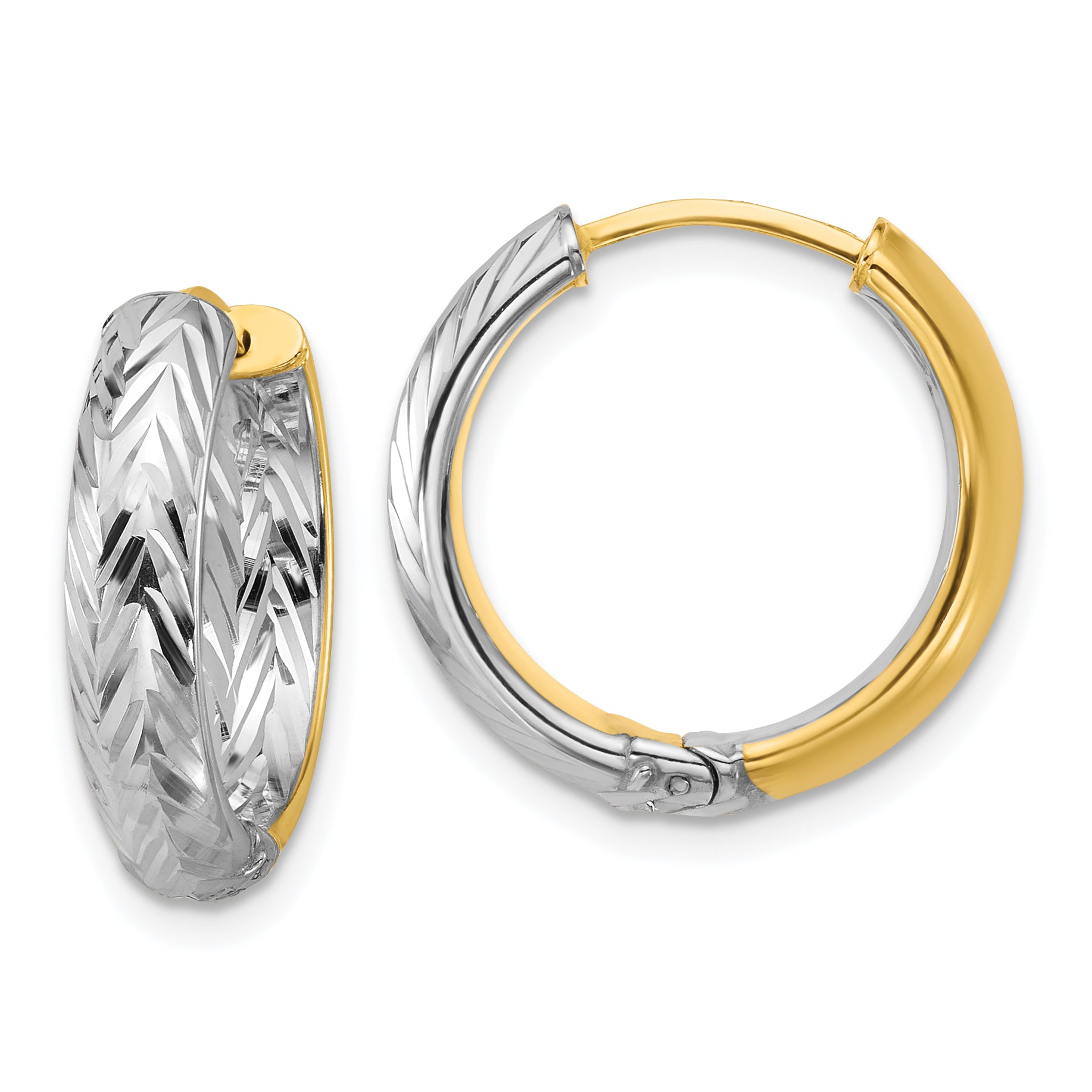 14K w/Rhodium Polished/Dia-cut Hinged Hoop Earrings Main image