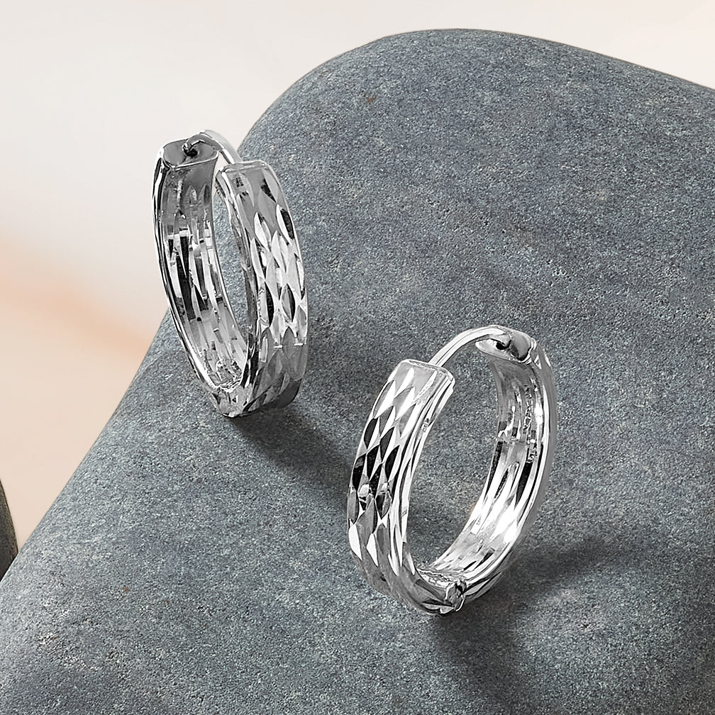 Leslie's' 14K w/White RH-plat Polish/Dia-cut Hinged Hoop Earrings