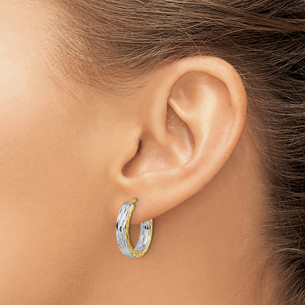 14K w/RH Polish/Dia-cut Square Tube Hinged Hoop Earrings