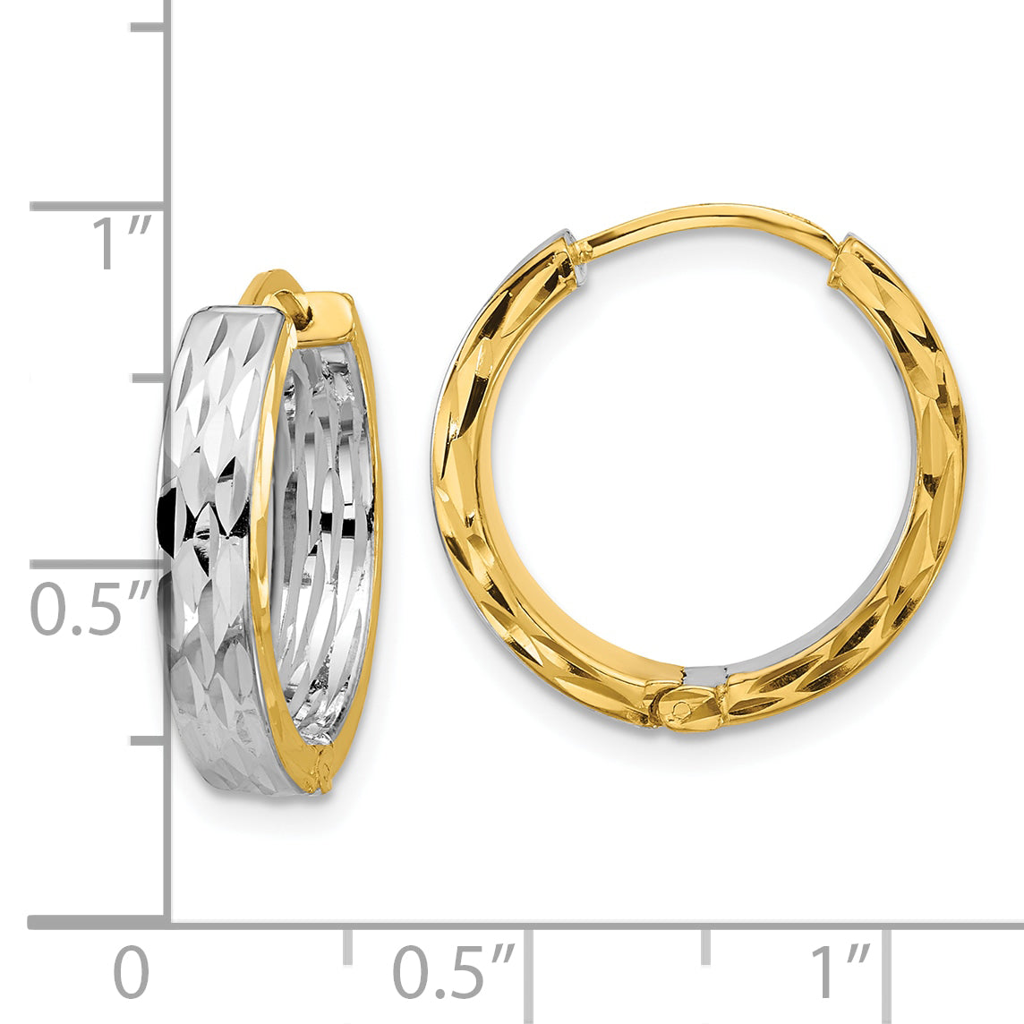 14K w/RH Polish/Dia-cut Square Tube Hinged Hoop Earrings