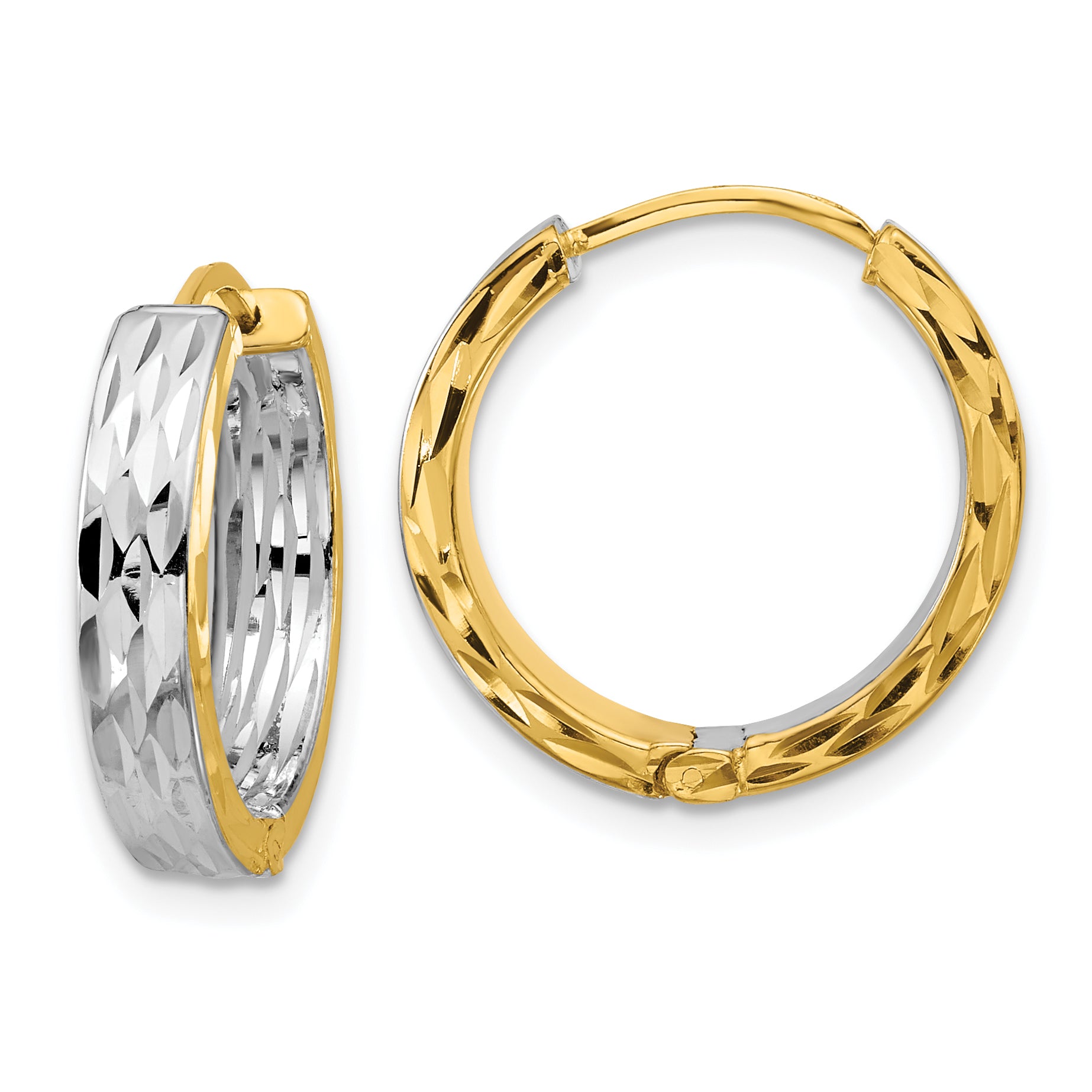 14K w/RH Polish/Dia-cut Square Tube Hinged Hoop Earrings