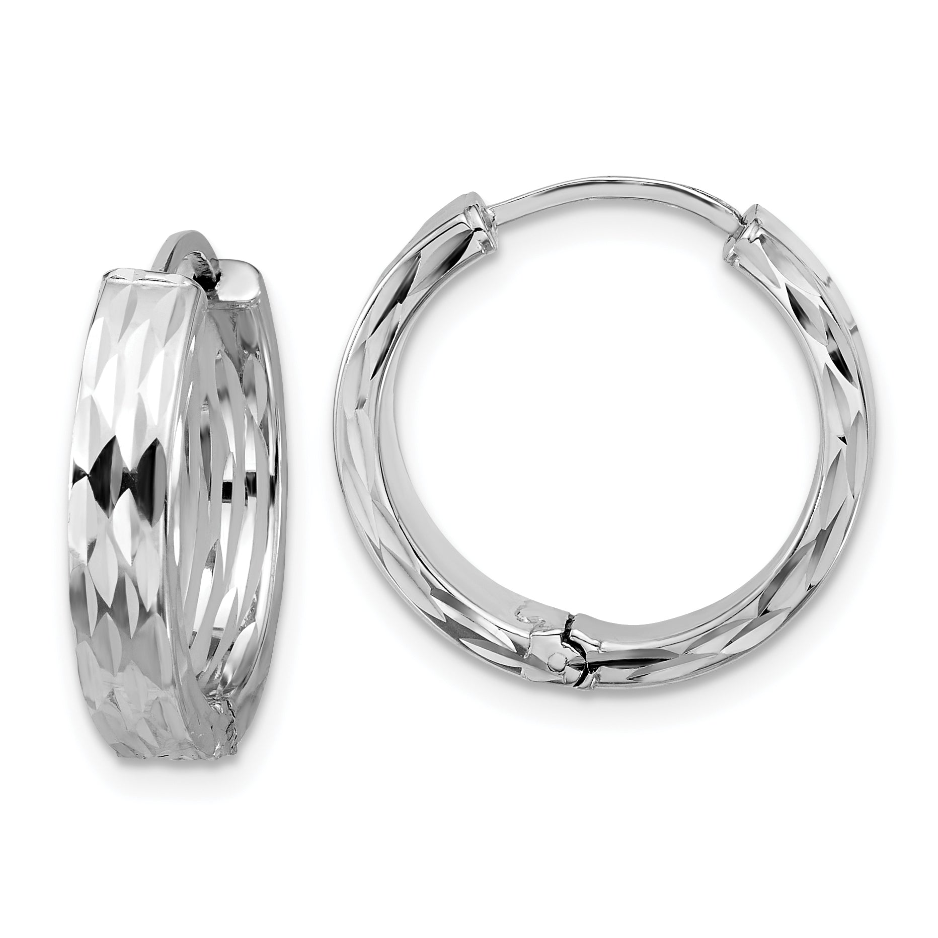 Leslie's' 14K w/Wht RH-plat Polished/Dia-cut Hinged Hoop Earrings Main image