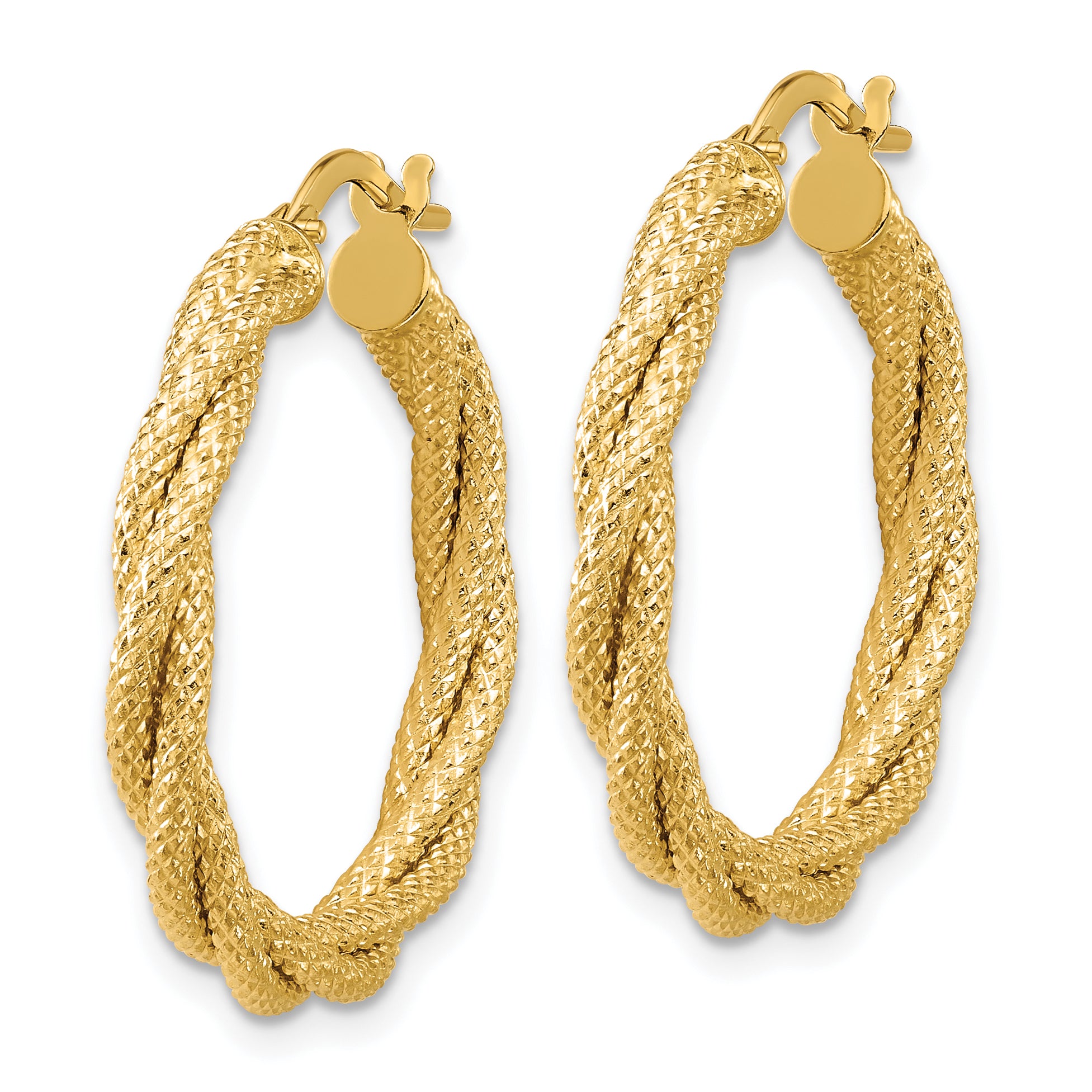 14K Polished and Textured Twisted Round Hoop Earrings