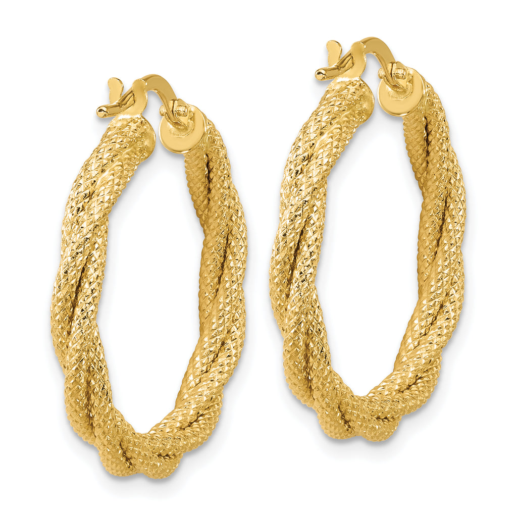 14K Polished and Textured Twisted Round Hoop Earrings
