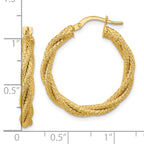 14K Polished and Textured Twisted Round Hoop Earrings
