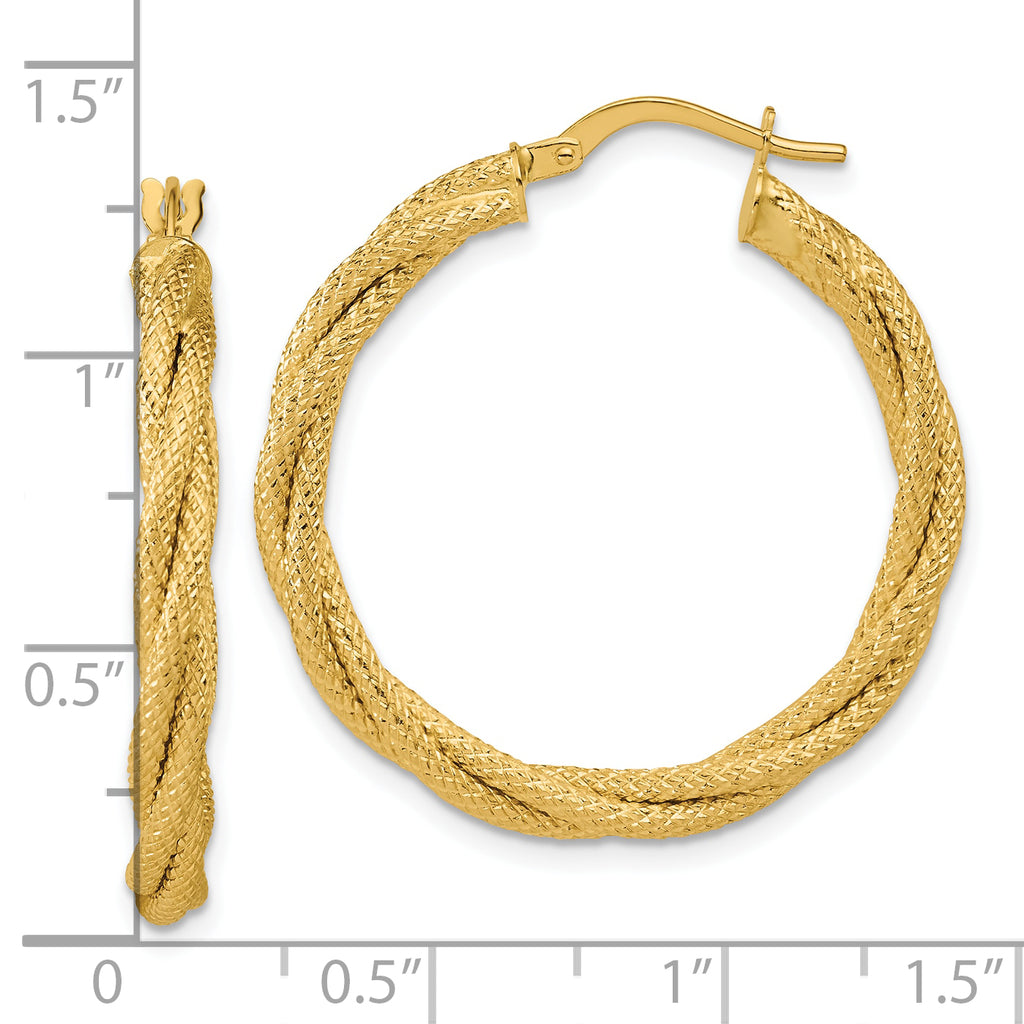 14K Polished and Textured Twisted Round Hoop Earrings