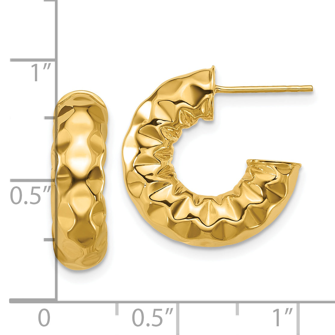 14K Polished and Hammered J-Hoop Post Earrings