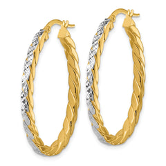 14K w/Rhodium Polished and Dia-Cut Oval Hoop Earrings