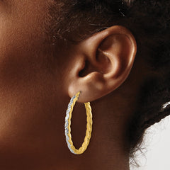 14K w/Rhodium Polished and Dia-Cut Oval Hoop Earrings