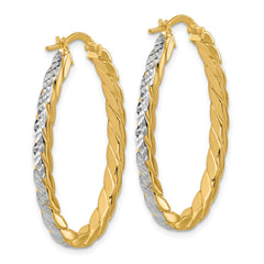 14K w/Rhodium Polished and Dia-Cut Oval Hoop Earrings