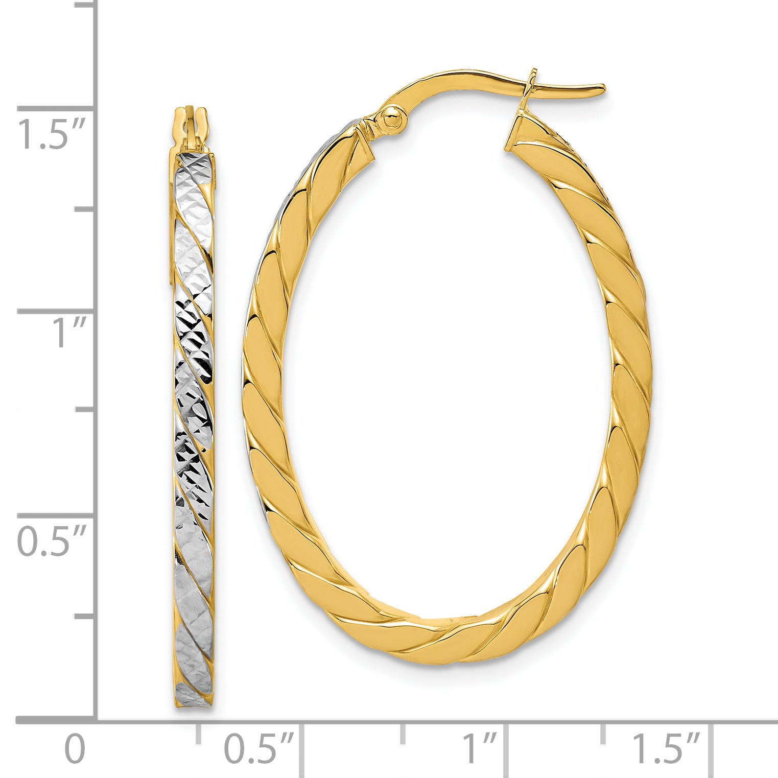 14K w/Rhodium Polished and Dia-Cut Oval Hoop Earrings
