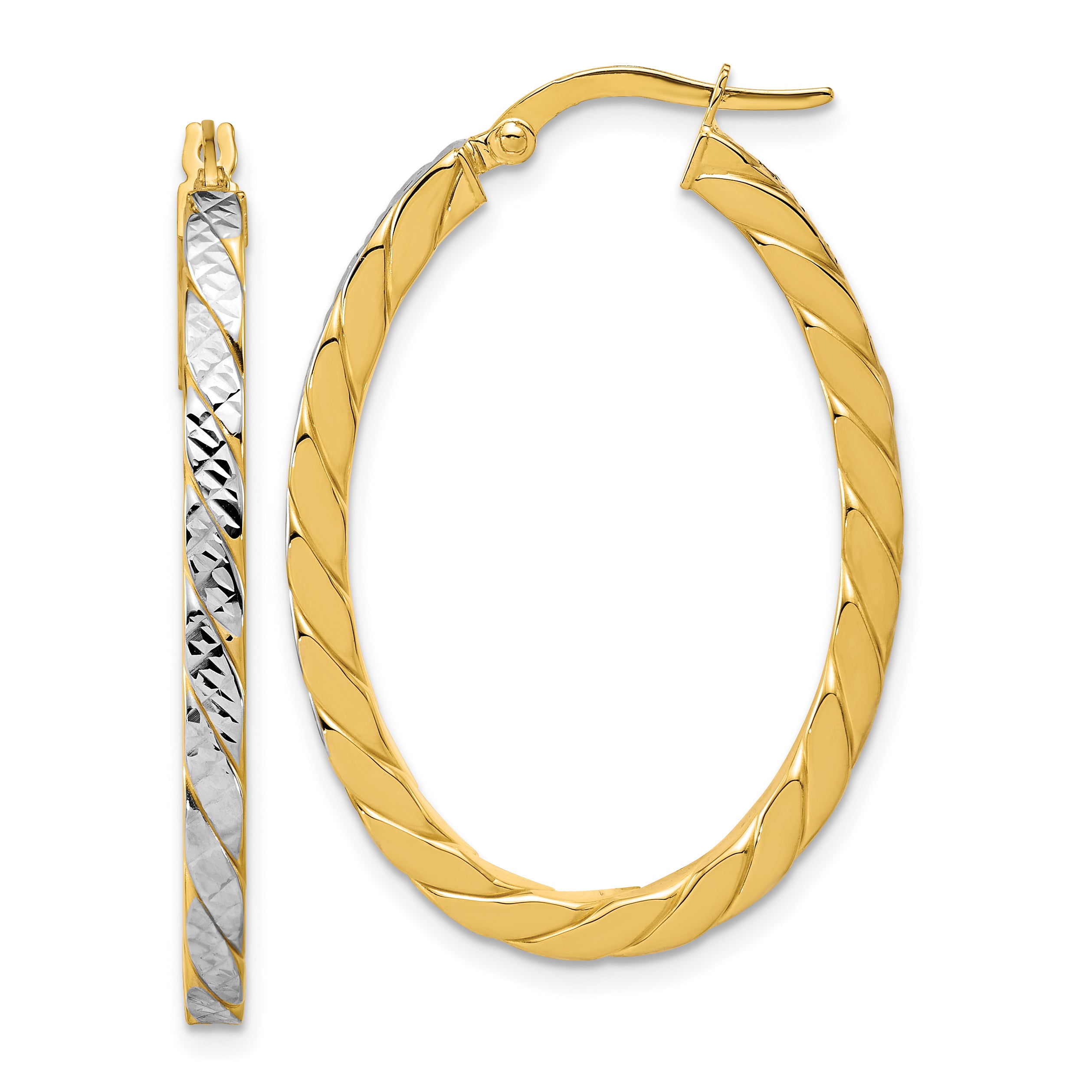 14K w/Rhodium Polished and Dia-Cut Oval Hoop Earrings