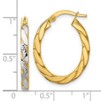 14K w/Rhodium Polished and Dia-Cut Oval Hoop Earrings