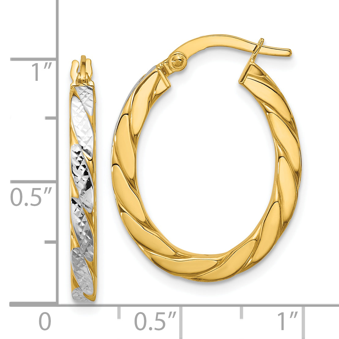 14K w/Rhodium Polished and Dia-Cut Oval Hoop Earrings