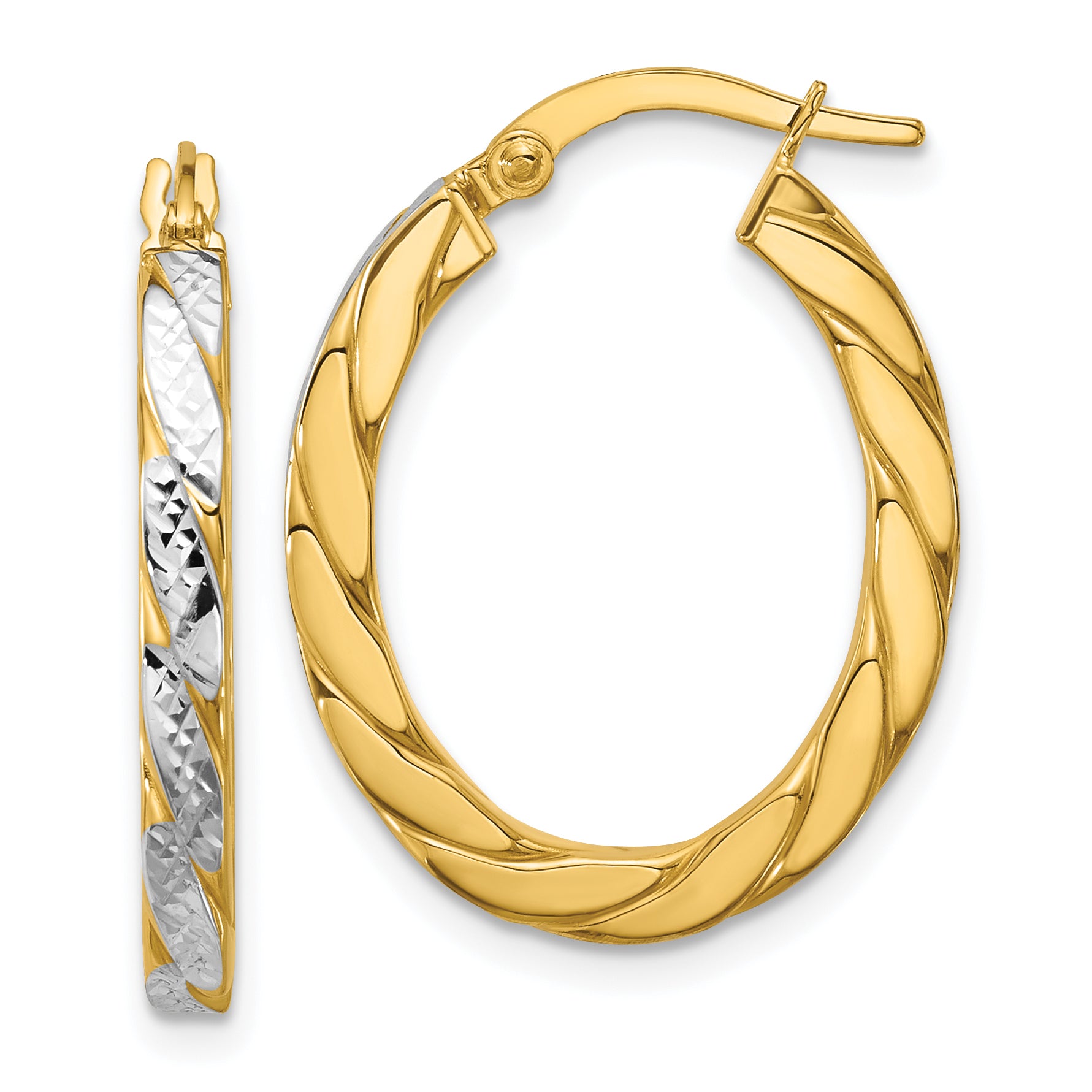 14K w/Rhodium Polished and Dia-Cut Oval Hoop Earrings