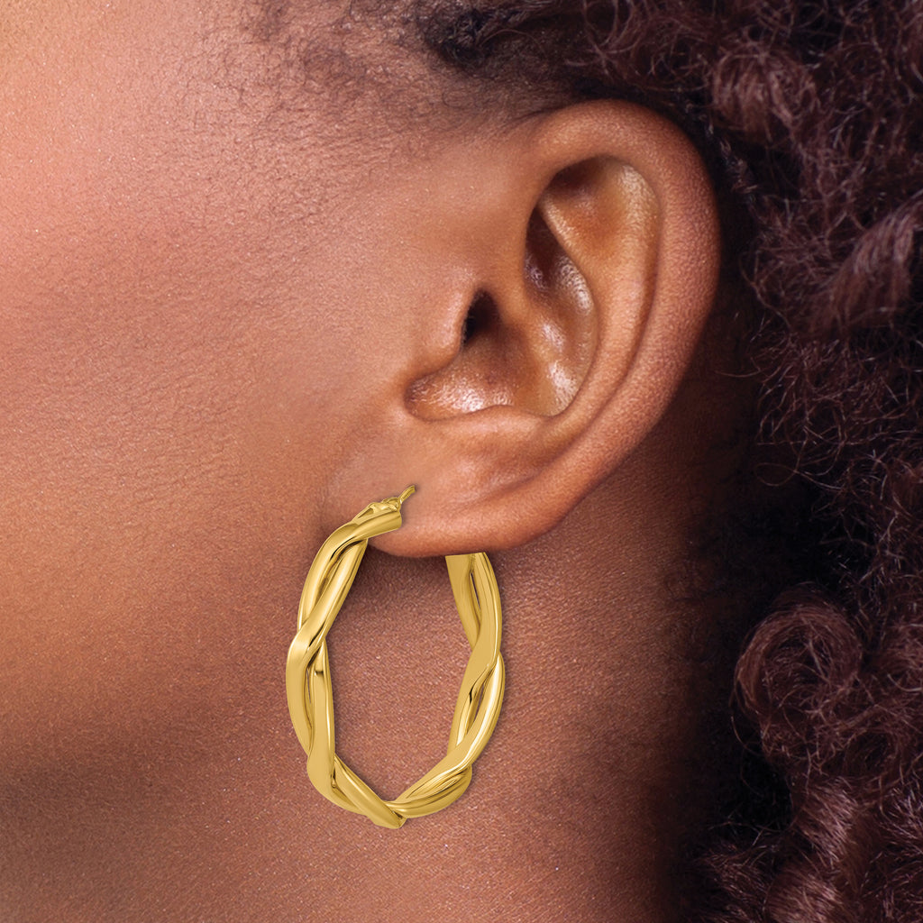 14K Polished and Grooved Round Hoop Earrings