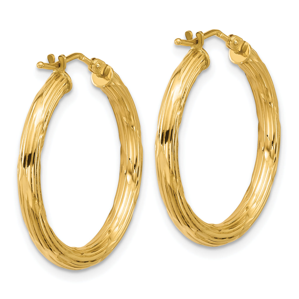 14K Polished and Grooved Round Hoop Earrings