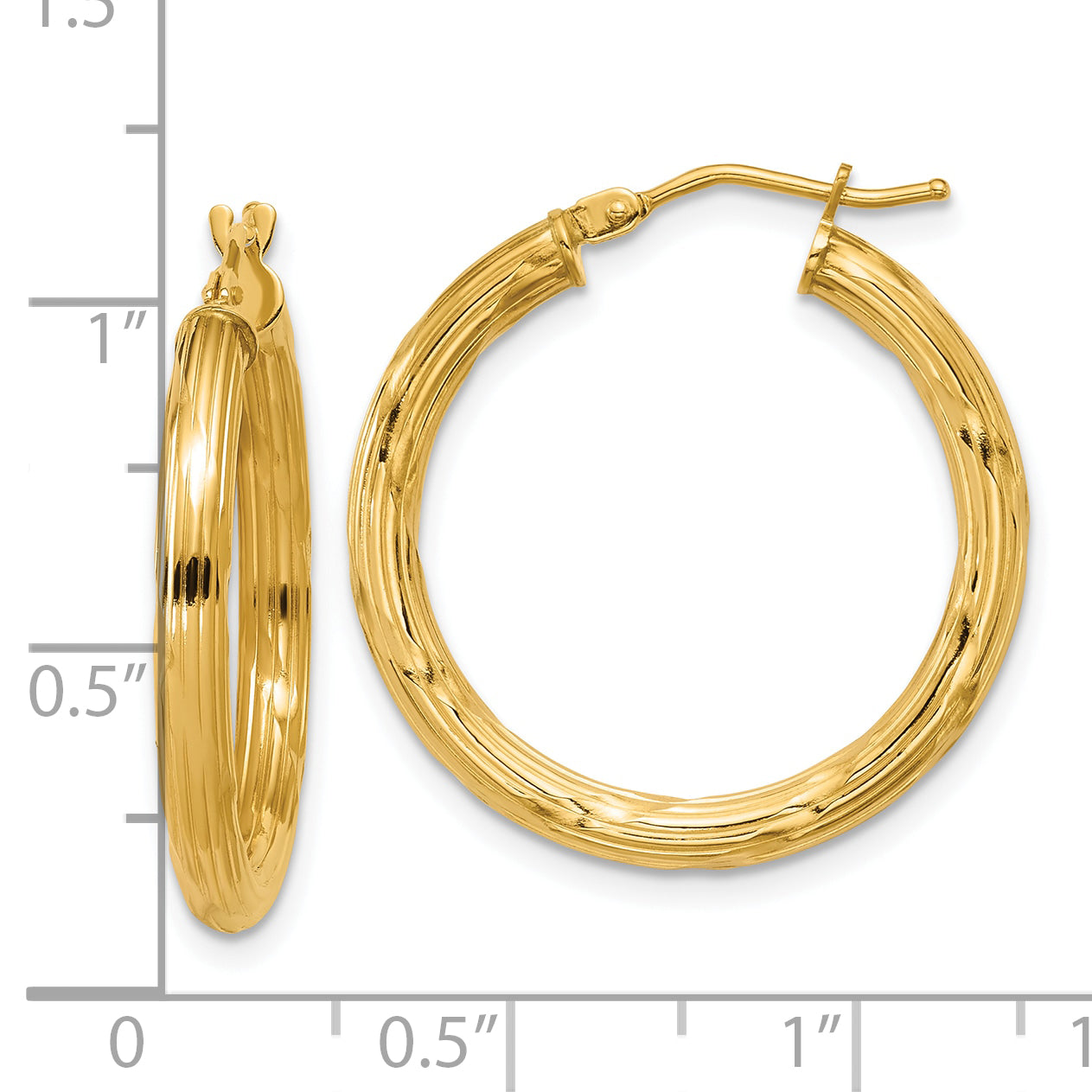 14K Polished and Grooved Round Hoop Earrings