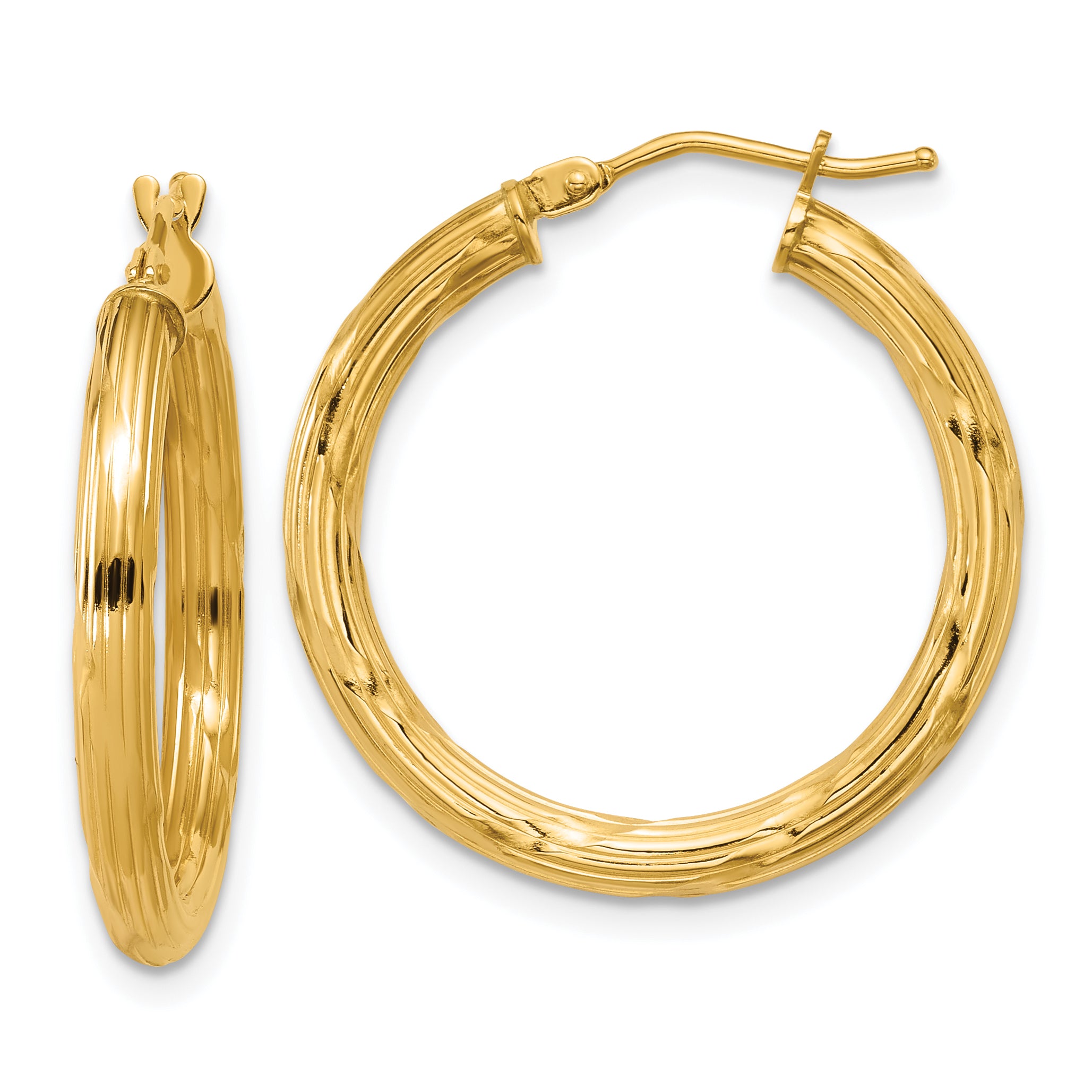14K Polished and Grooved Round Hoop Earrings Main image
