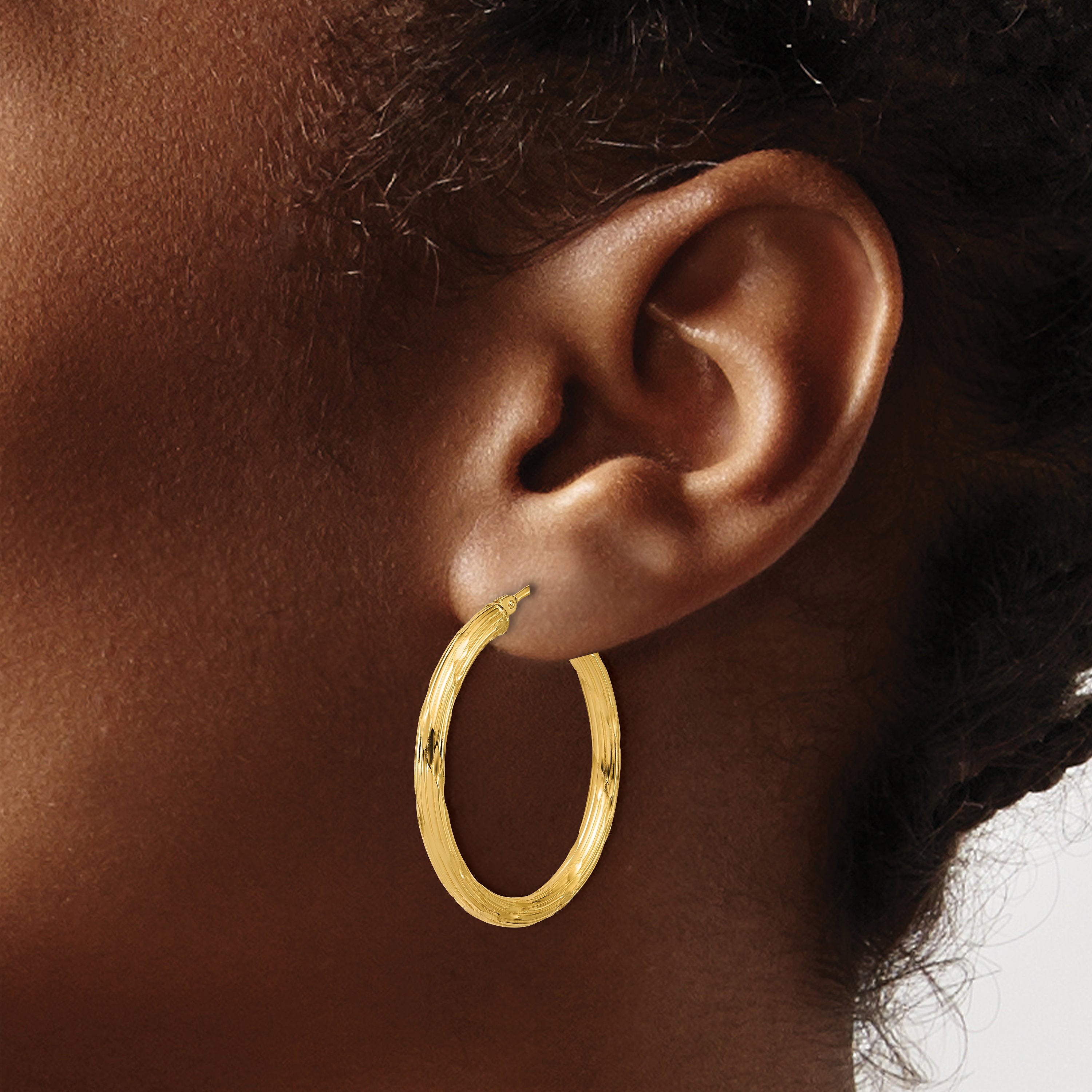 14K Polished and Grooved Round Hoop Earrings