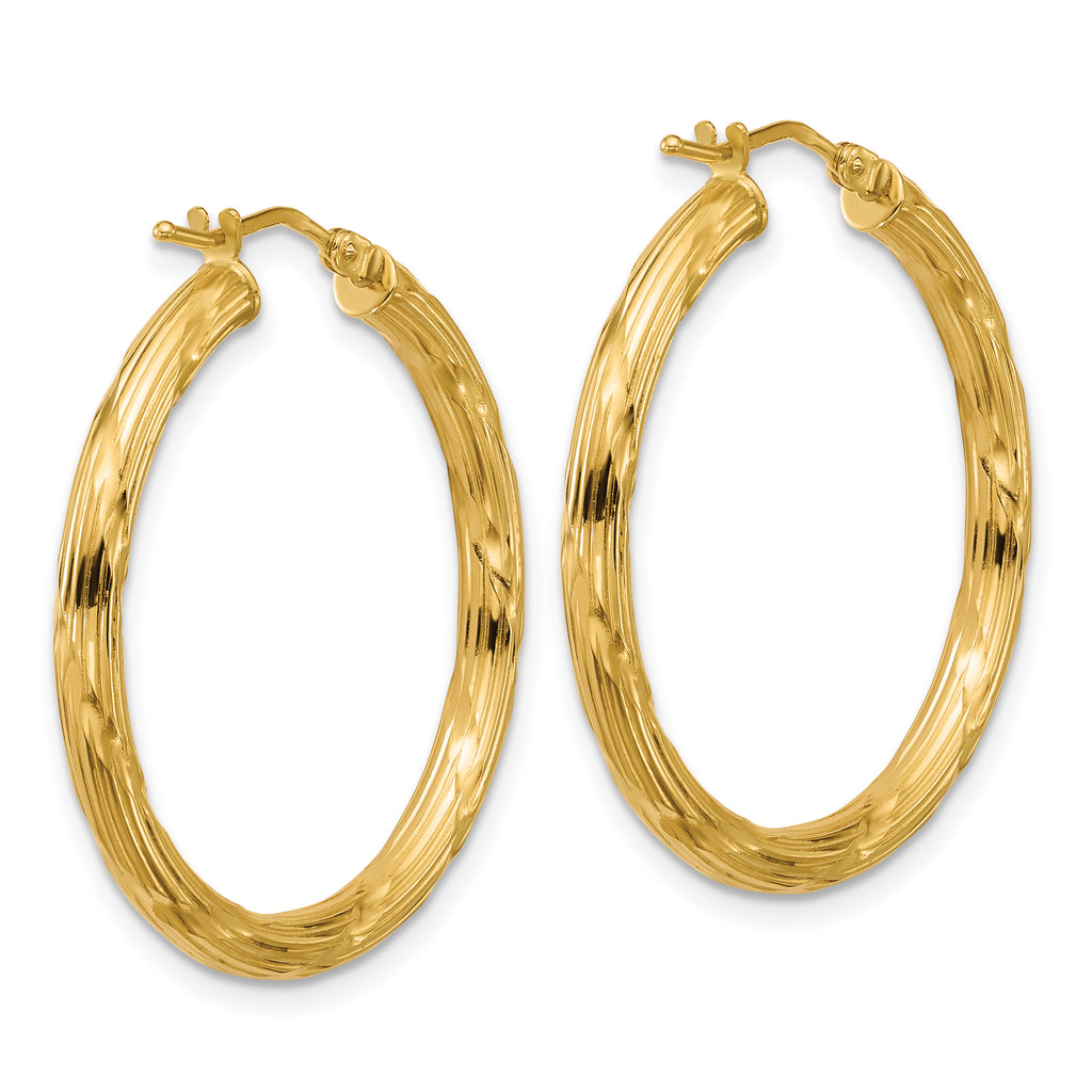 14K Polished and Grooved Round Hoop Earrings