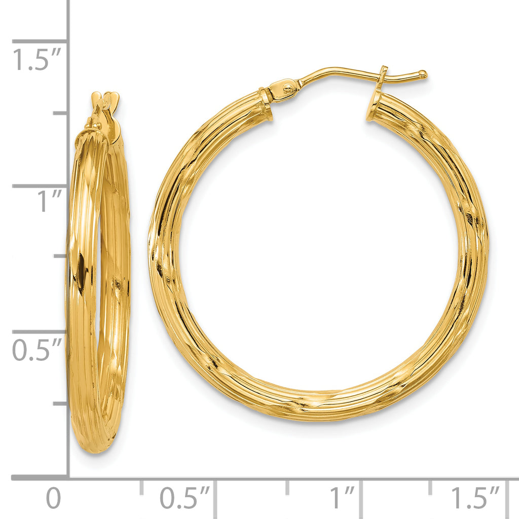 14K Polished and Grooved Round Hoop Earrings