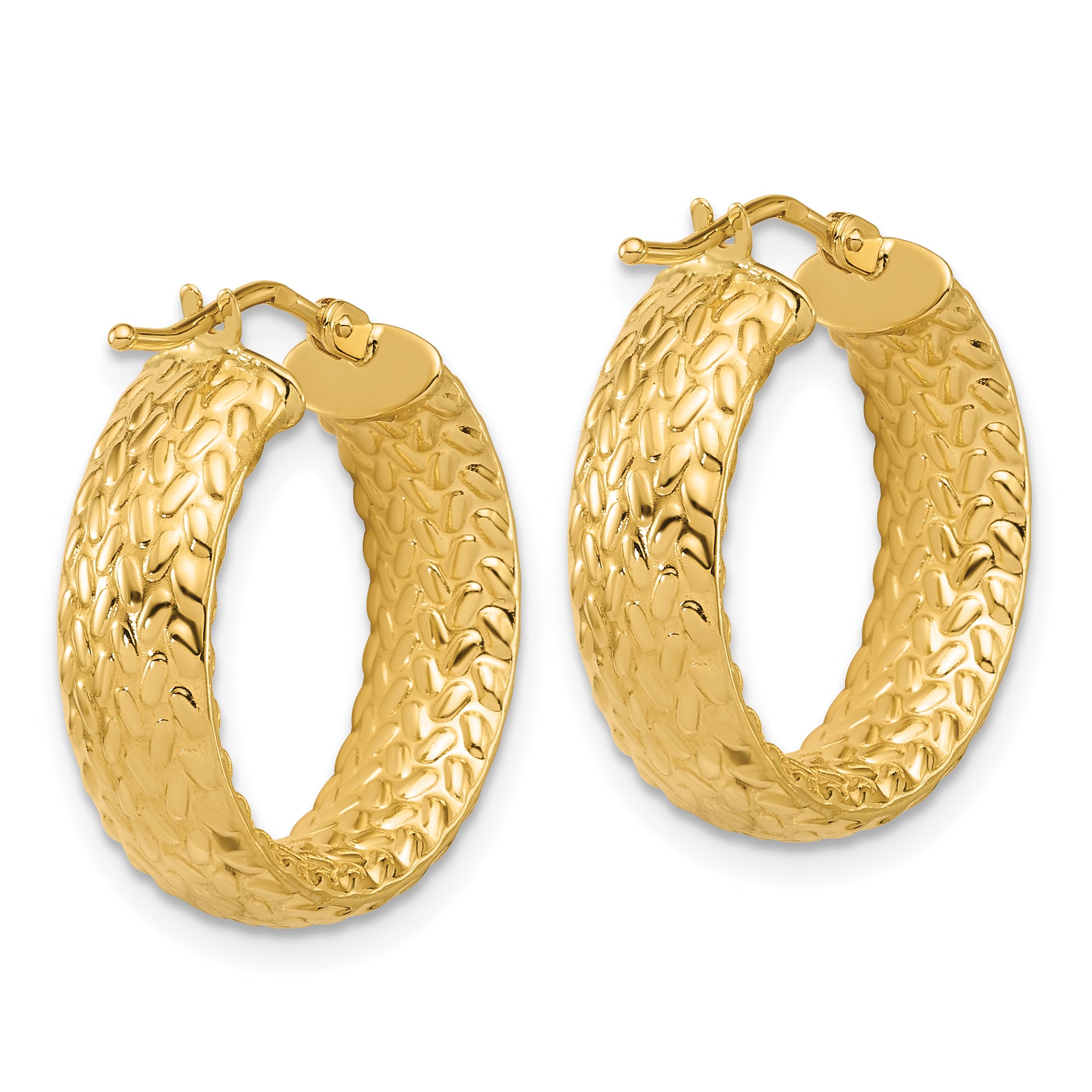 14K Polished Weave Design Round Hoop Earrings