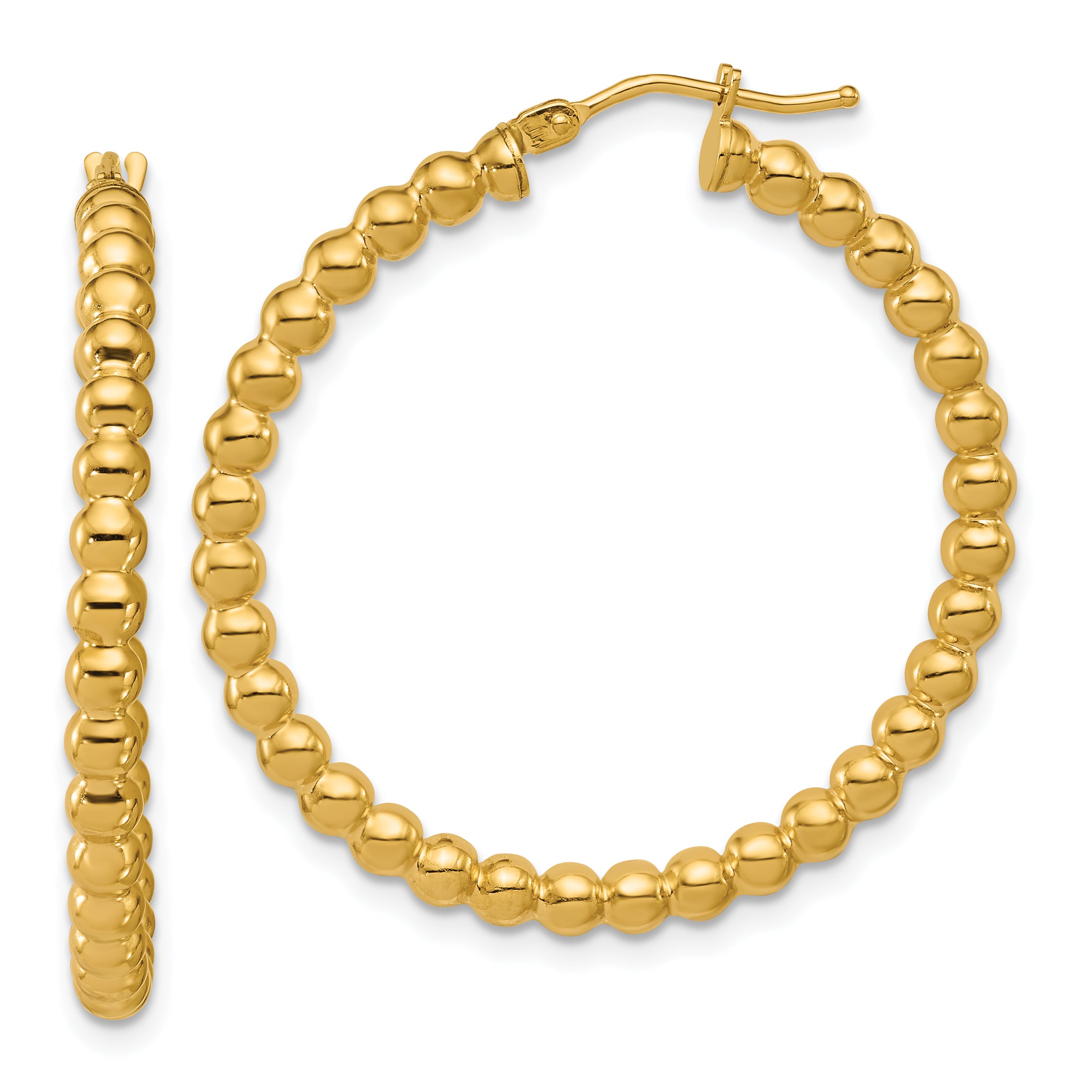 14K Polished Beaded Round Hoop Earrings