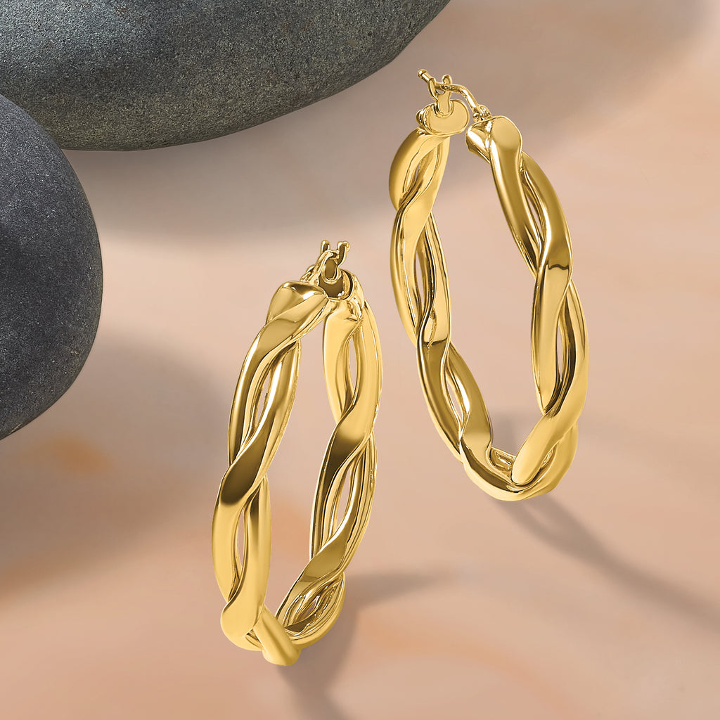 14K Polished Fancy Twist Round Hoop Earrings