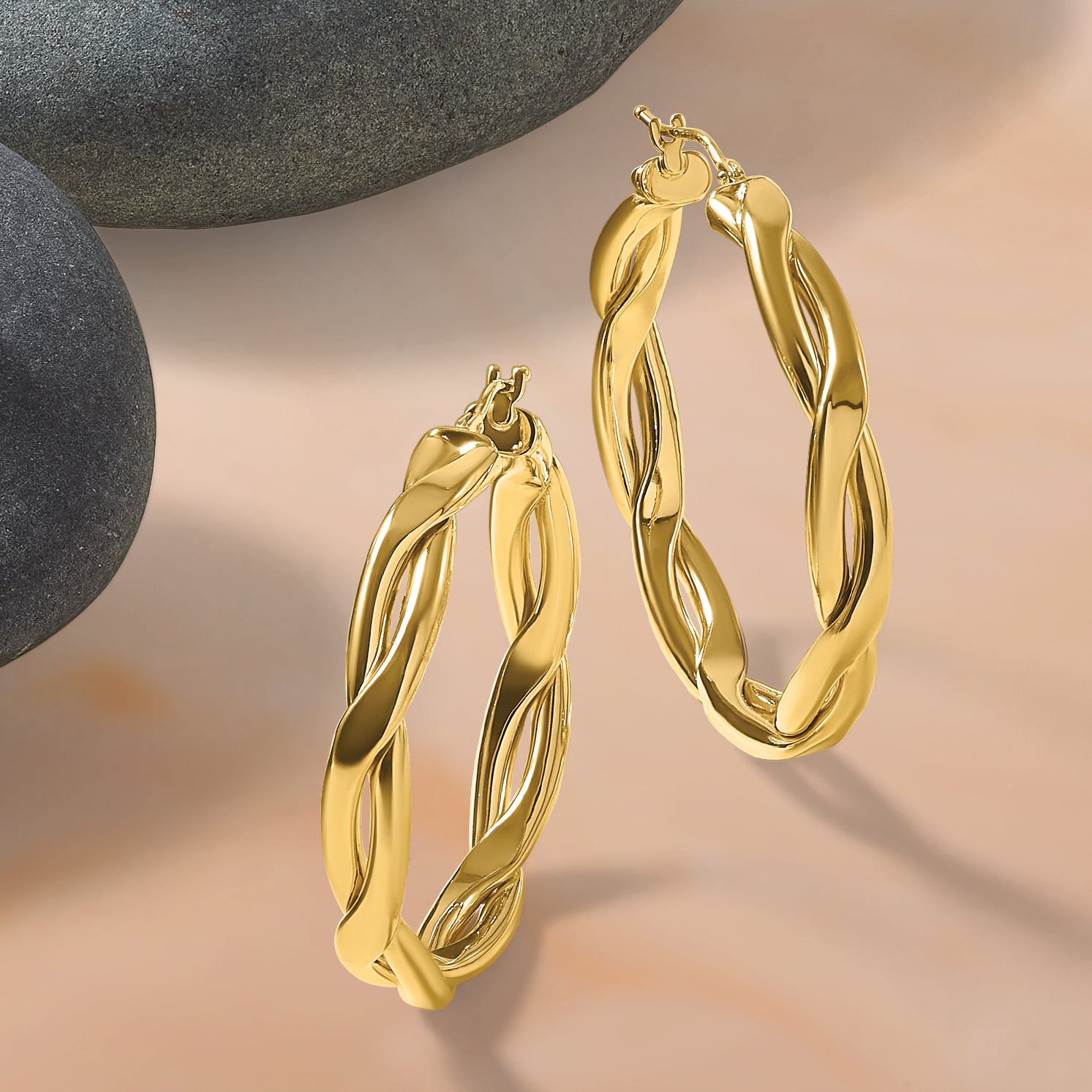 14K Polished Fancy Twist Round Hoop Earrings