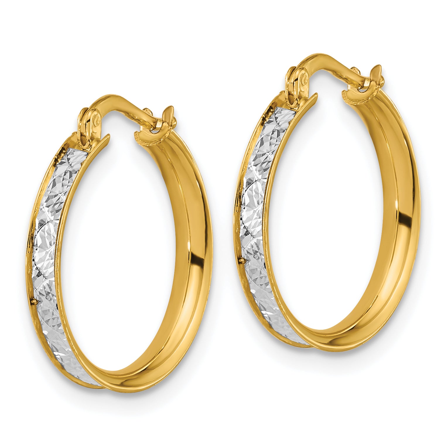 14K Two-tone Polished / Diamond-cut Round Hoop Earrings
