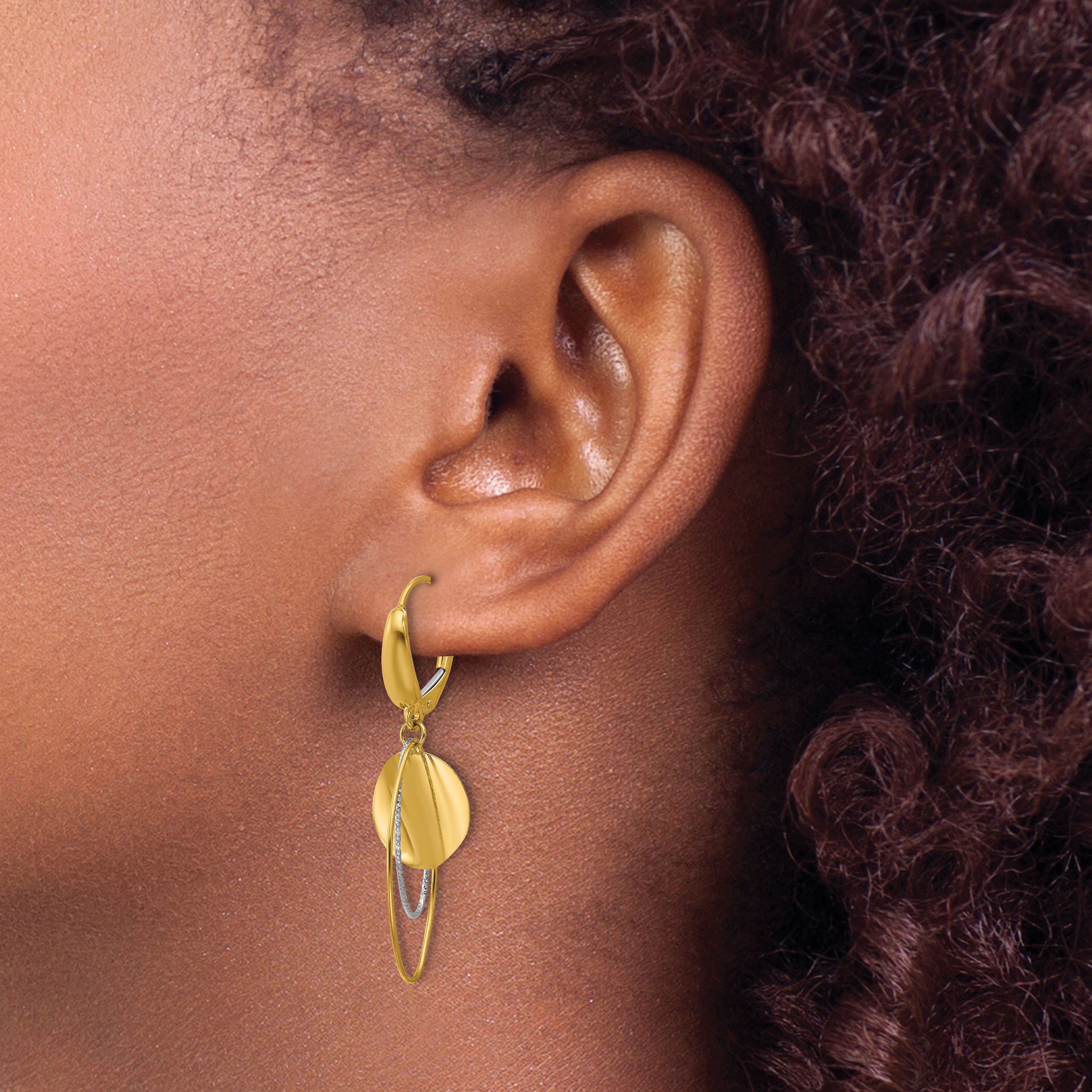 14K Two-tone Polished / Dia-cut Dangle Leverback Earrings