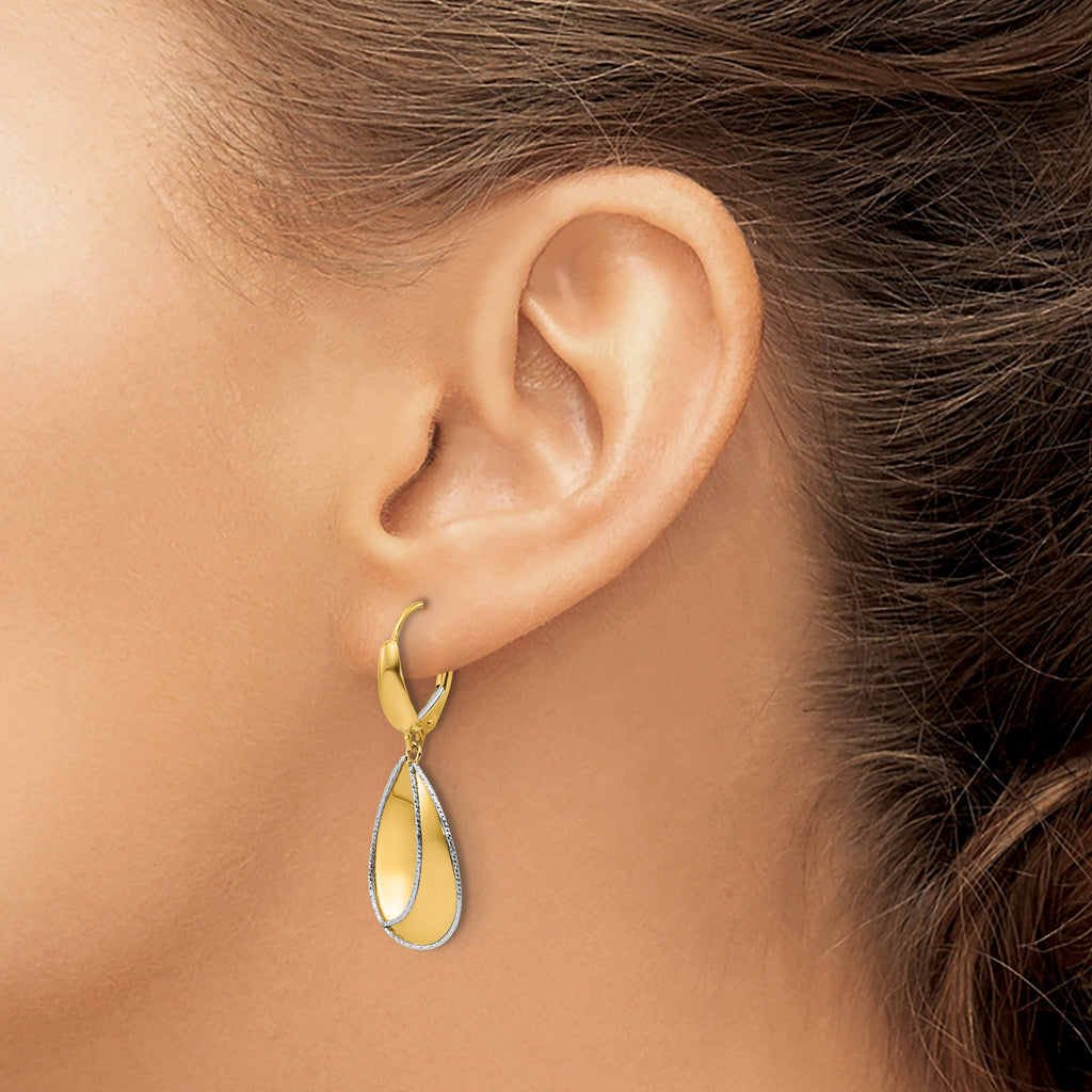 14K Two-tone Polished / Dia-cut Dangle Leverback Earrings