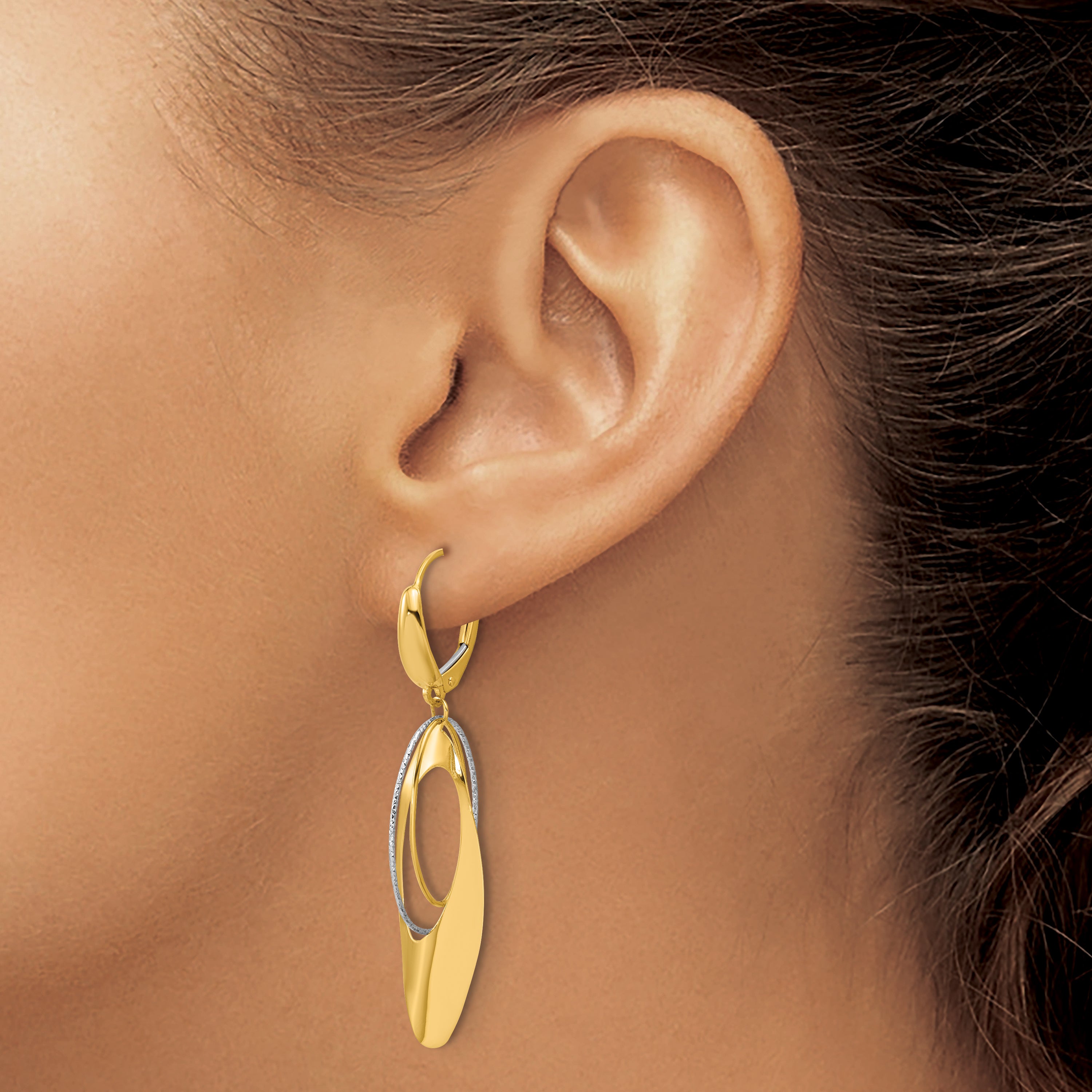 14K Two-tone Polished / Dia-cut Dangle Leverback Earrings