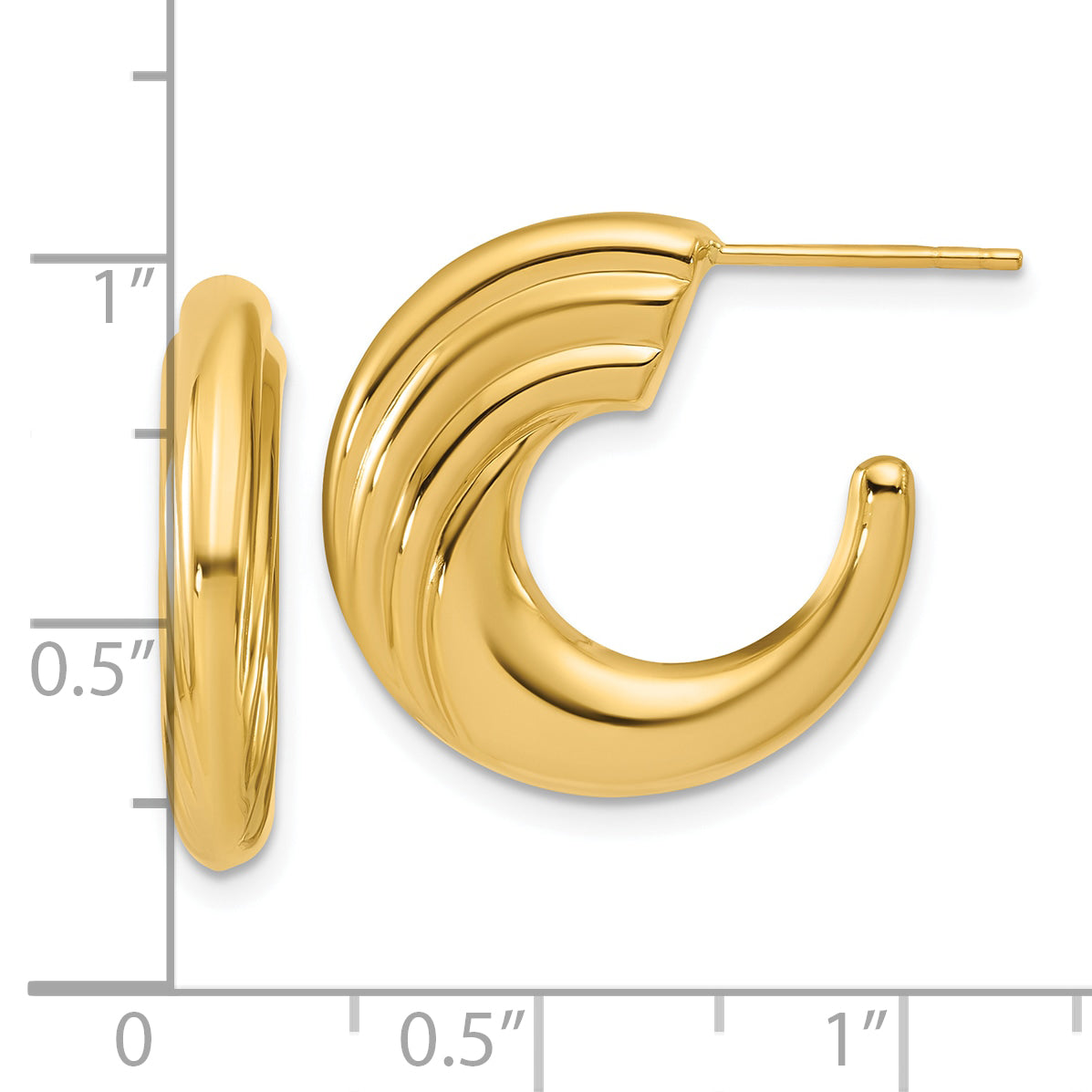 14K Polished and Grooved J-Hoop Post Earrings