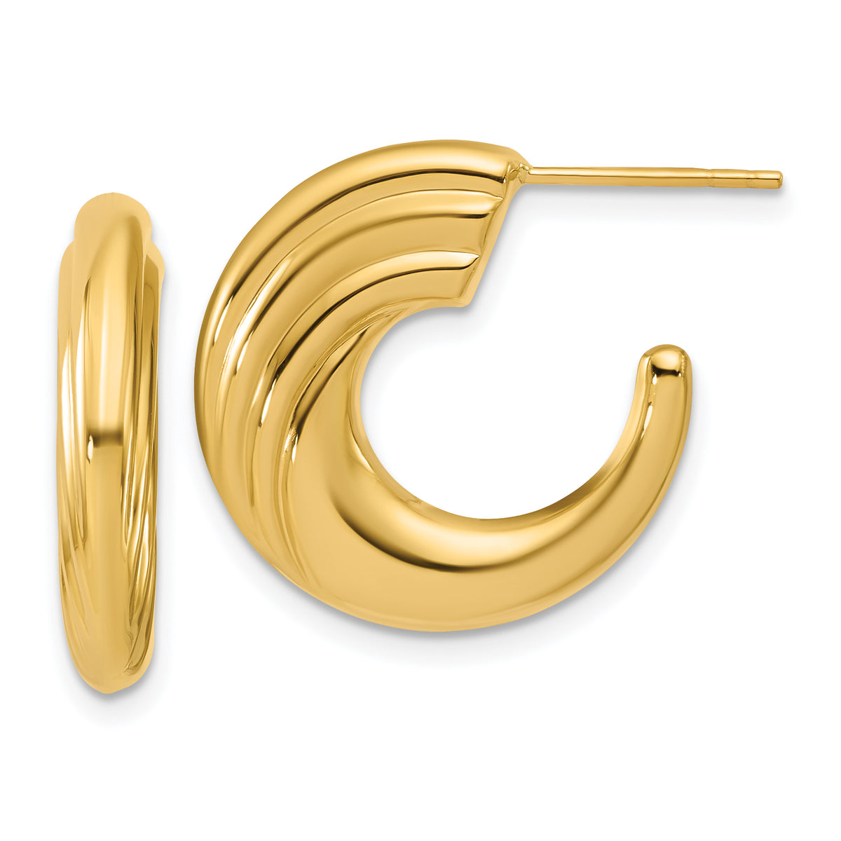 14K Polished and Grooved J-Hoop Post Earrings
