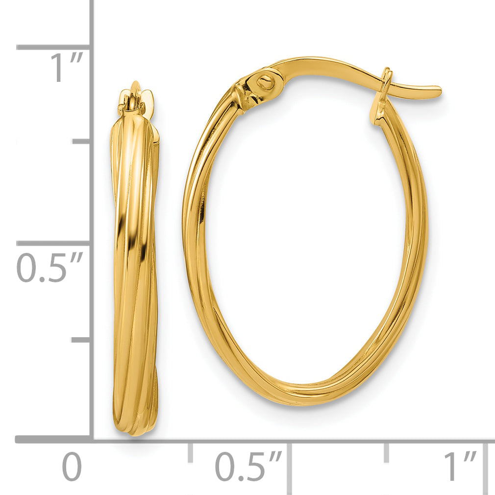 14K Polished and Grooved Twist Oval Hoop Earrings