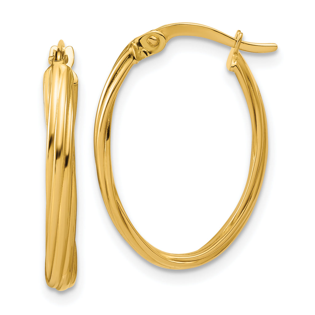 14K Polished and Grooved Twist Oval Hoop Earrings