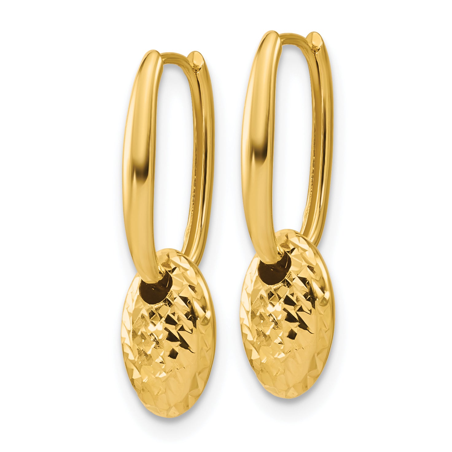 14K Polished / Dia-cut Oval w/Bead Hinged Hoop Earrings