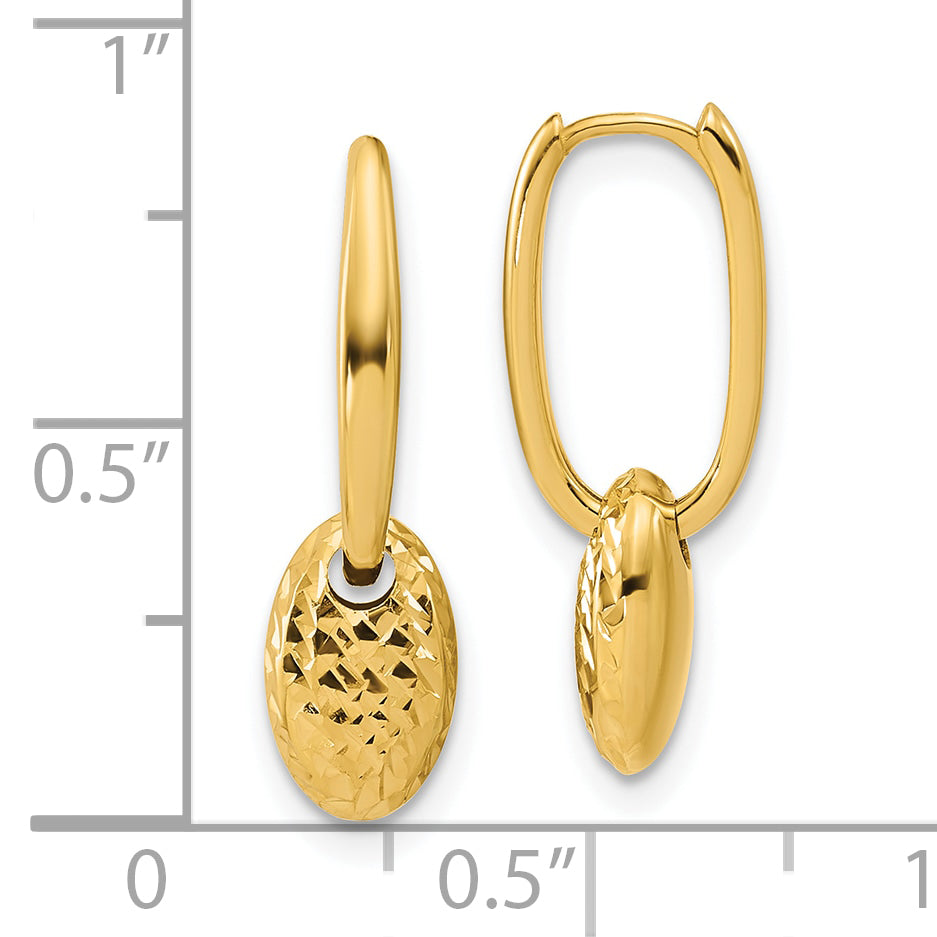 14K Polished / Dia-cut Oval w/Bead Hinged Hoop Earrings