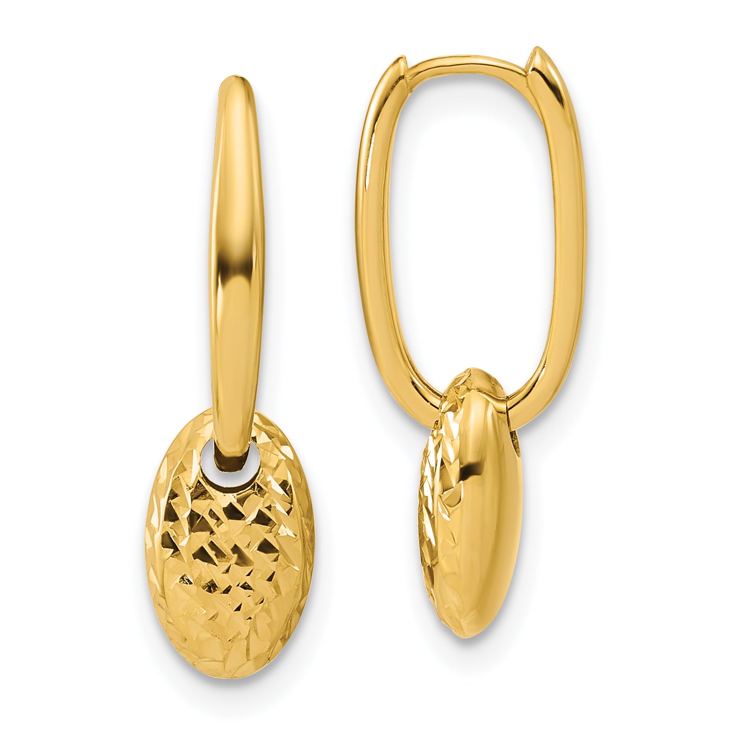 14K Polished / Dia-cut Oval w/Bead Hinged Hoop Earrings